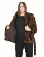Demi Dark 48 Horizontal Mink Fur Jacket with Hook Closure and Fur Lined Hood and Belt - Image 7