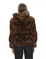 Demi Dark 48 Horizontal Mink Fur Jacket with Hook Closure and Fur Lined Hood and Belt - Image 6
