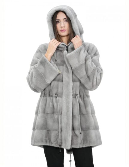 Cappotto parka 50 zaffiro pelliccia visone con cappuccio coulisse vita manica lunga