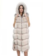 Gilet lungo in pelliccia di volpe rosa 44 con cappuccio e pelle scamosciata 112 centimetri