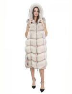Pink fox fur long vest 52 with hood and suede 112cm - Image 5