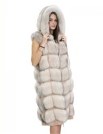 Pink fox fur long vest 52 with hood and suede 112cm - Image 4
