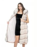 Pink fox fur long vest 52 with hood and suede 112cm - Image 7