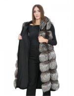 Long vest in silver fox fur 48 with hood and suede 112cm - Image 7