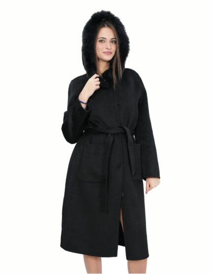 Cappotto nero 54 in lana e pelliccia di volpe cashmere con cappuccio cintura chiusura bottoni