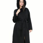 Cappotto nero 50 in lana e pelliccia di volpe cashmere con cappuccio cintura chiusura bottoni