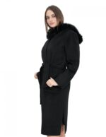 Black 54 coat in wool and fox fur cashmere with hood, belt and button closure - Image 3