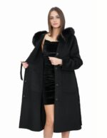 Black 54 coat in wool and fox fur cashmere with hood, belt and button closure - Image 7