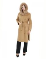 Camel coat 48 in wool and fox fur cashmere with hood belt and button closure - Image 5