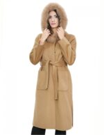 Cappotto cammello 48 in lana e pelliccia di volpe cashmere con cappuccio cintura chiusura bottoni