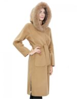Camel coat 48 in wool and fox fur cashmere with hood belt and button closure - Image 4