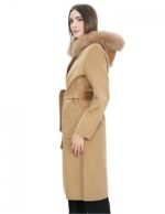 Camel coat 48 in wool and fox fur cashmere with hood belt and button closure - Image 3