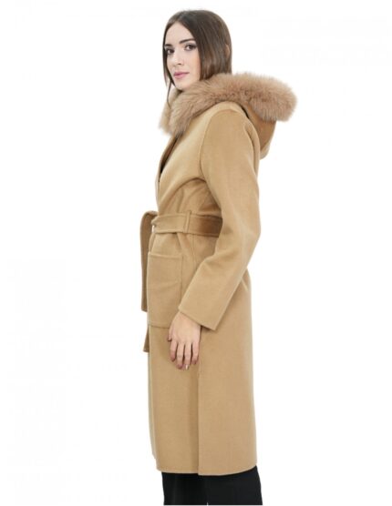 Cappotto cammello 48 in lana e pelliccia di volpe cashmere con cappuccio cintura chiusura bottoni