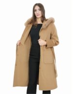 Camel coat 48 in wool and fox fur cashmere with hood belt and button closure - Image 7