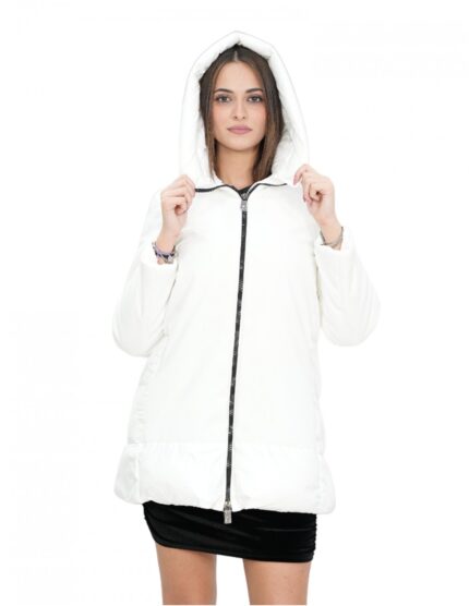 Piumino bianco panna 46 con stoffa sul davanti e sulle maniche lunghe cappuccio zip