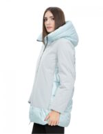 Light blue down jacket 52 with fabric on the front and long sleeves, zip hood - Image 3