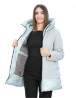 Light blue down jacket 52 with fabric on the front and long sleeves, zip hood - Image 7
