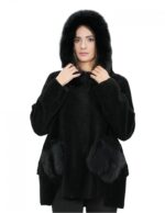 Giacca con pelliccia montone e bordo tasche volpe nero 56 con cappuccio chiusura bottoni tasche esterne