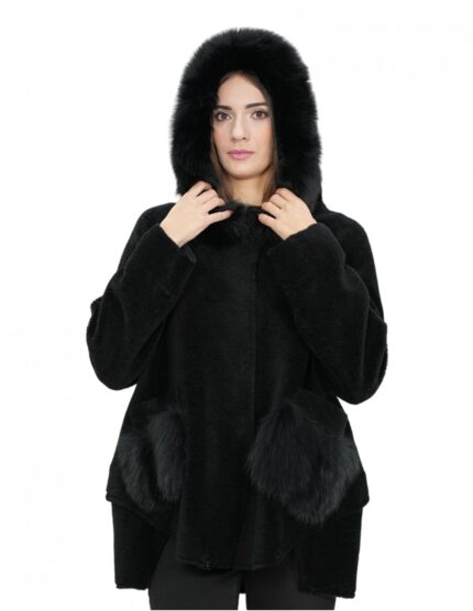 Giacca con pelliccia montone e bordo tasche volpe nero 56 con cappuccio chiusura bottoni tasche esterne