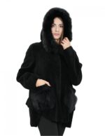 Jacke mit Lammfellfell und Fuchsbesatz Taschen schwarz 56 mit Kapuze Knopfverschluss Außentaschen – Bild 4