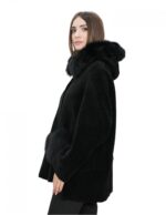 Jacke mit Lammfellfell und Fuchsbesatz Taschen schwarz 56 mit Kapuze Knopfverschluss Außentaschen – Bild 3