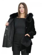Jacke mit Lammfellfell und Fuchsbesatz Taschen schwarz 56 mit Kapuze Knopfverschluss Außentaschen – Bild 7