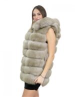 Fox vest with side zippers beige 52 with hood and leather zip closure - Image 3