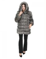 Long jacket with sleeves 46 grey fox fur horizontal with leather and zip hood - Image 5