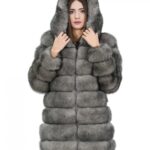 Giacca lunga con maniche 46 grigio pelliccia volpe orizzontale con pelle e cappuccio zip