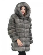 Long jacket with sleeves 46 grey fox fur horizontal with leather and zip hood - Image 4