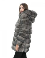 Long jacket with sleeves 46 grey fox fur horizontal with leather and zip hood - Image 3