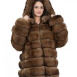 Giacca lunga con maniche marrone 48 pelliccia volpe orizzontale con pelle e cappuccio zip