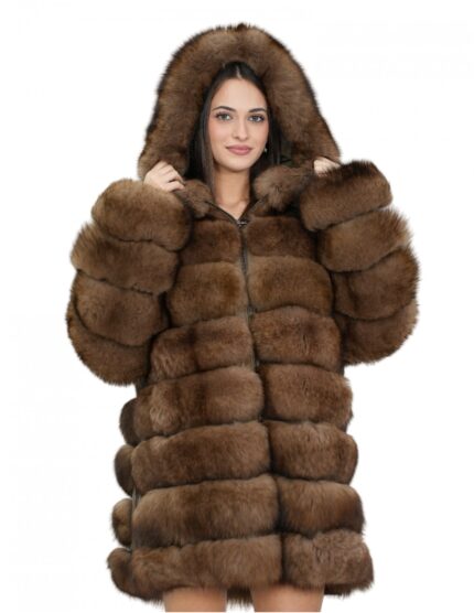 Giacca lunga con maniche marrone 48 pelliccia volpe orizzontale con pelle e cappuccio zip