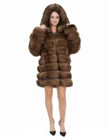 Long jacket with brown sleeves 52 horizontal fox fur with leather and zip hood - Image 5