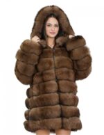 Giacca lunga con maniche marrone 52 pelliccia volpe orizzontale con pelle e cappuccio zip