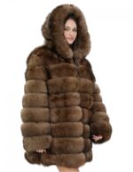 Long jacket with brown sleeves 52 horizontal fox fur with leather and zip hood - Image 4
