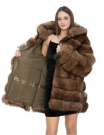 Lange Jacke mit braunen Ärmeln 48 Fell Fuchs horizontal mit Leder und Reißverschlusskapuze – Bild 7