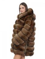 Long jacket with brown sleeves 52 horizontal fox fur with leather and zip hood - Image 3