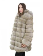 Long jacket with beige sleeves 46 horizontal fox fur with leather and zip hood - Image 3