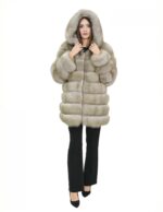 Long jacket with beige sleeves 54 horizontal fox fur with leather and zip hood - Image 5