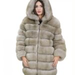 Giacca lunga con maniche beige 54 pelliccia volpe orizzontale con pelle e cappuccio zip