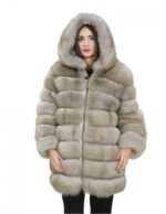 Giacca lunga con maniche beige 54 pelliccia volpe orizzontale con pelle e cappuccio zip