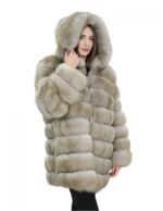Long jacket with beige sleeves 54 horizontal fox fur with leather and zip hood - Image 4