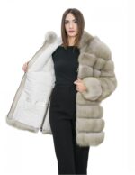 Long jacket with beige sleeves 50 fur fox horizontal with leather and zip hood - Image 7