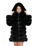 Giacca lunga con maniche nero 44 pelliccia volpe orizzontale con pelle e cappuccio zip