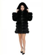 Lange Jacke mit Ärmeln schwarz 48 horizontales Fuchsfell mit Leder und Kapuze mit Reißverschluss 1 – Bild 5