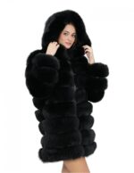 Lange Jacke mit Ärmeln schwarz 48 horizontales Fuchsfell mit Leder und Kapuze mit Reißverschluss 1 – Bild 4