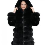 Giacca lunga con maniche nero 52 pelliccia volpe orizzontale con pelle e cappuccio zip