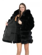 Long jacket with sleeves black 52 fur fox horizontal with leather and zip hood - Image 7