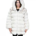 Giacca lunga con maniche nero 44 pelliccia volpe orizzontale con pelle e cappuccio zip